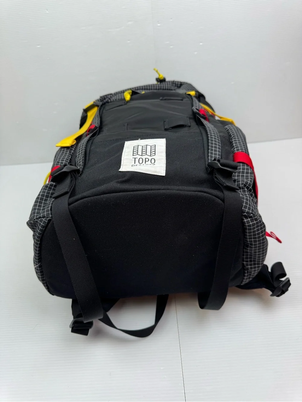 Topo Designs Mountain Pack 28L Backpack Black Yellow Gridstop Technical Hiking
